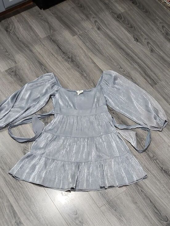 Pinch Tops - NWT Pinch Metallic Silver Shimmer Tiered Long-Sleeve Mini Dress